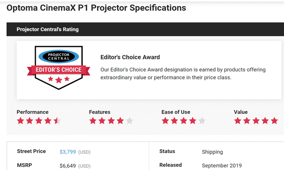 Optoma’s CinemaX P1 received an Editor’s Choice Award from Projector Central! -
